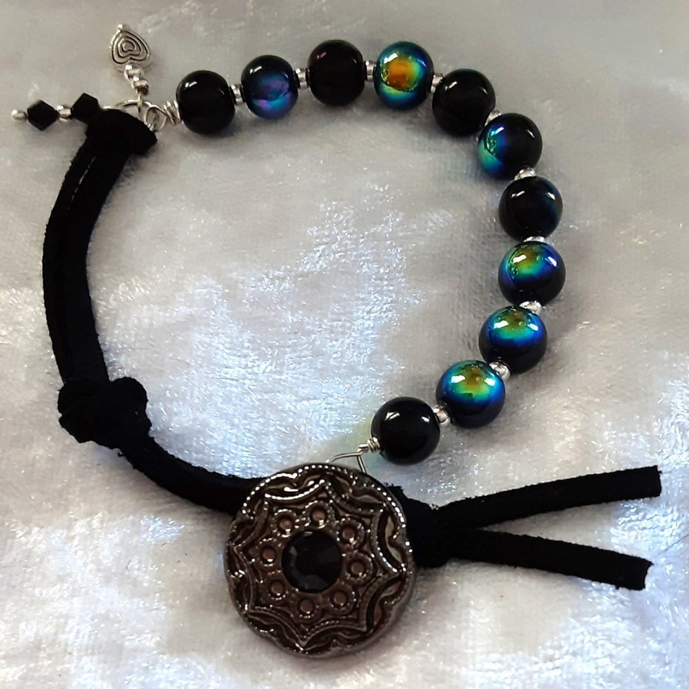 Hand Crafted Bracelet Leather and Beads Black  7.5 "